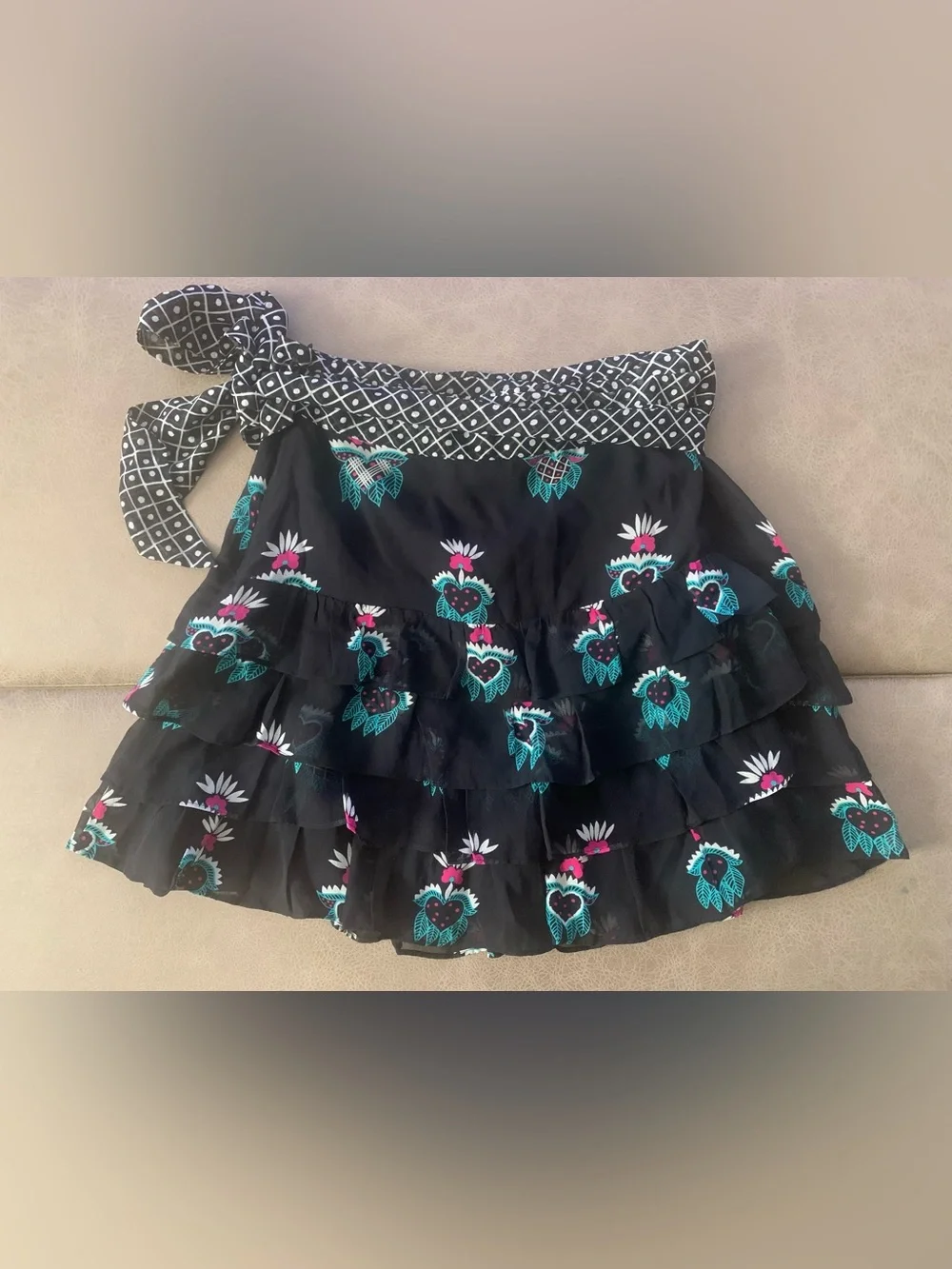 Vtg Y2K Celia Birtwell Express Black Heart Floral Silk Tiered Mini Skirt Size 2